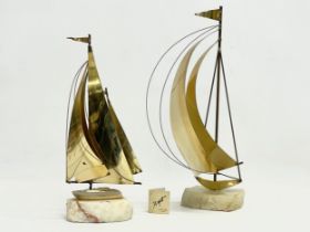 2 De Mott brass and onyx sailing yacht ornaments designed by John & Don Demott. 37cm