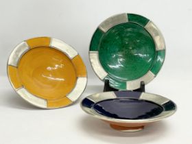 A set of 3 vintage Moroccan glazed earthenware bowls with silver trims. Possibly Safi. 26x6cm