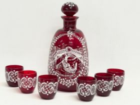 A vintage Egermann Ruby Glass etched drinks set. Decanter 21.5cm. Glasses 5cm