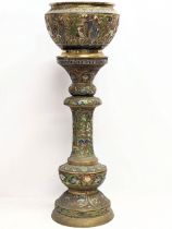 A large vintage brass and enamel jardinière on stand. 86.5cm