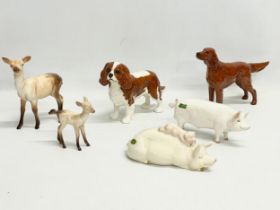 A collection of Beswick pottery animals. ‘Piggy Back’ pigs 17cm. 3 deers, largest 14x15cm. A Beswick