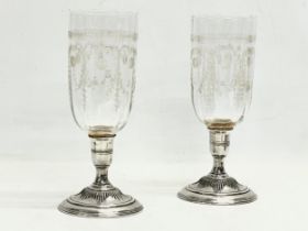 A pair of large Victorian etched glass vases/candleholders with silver plated bases. 25cm