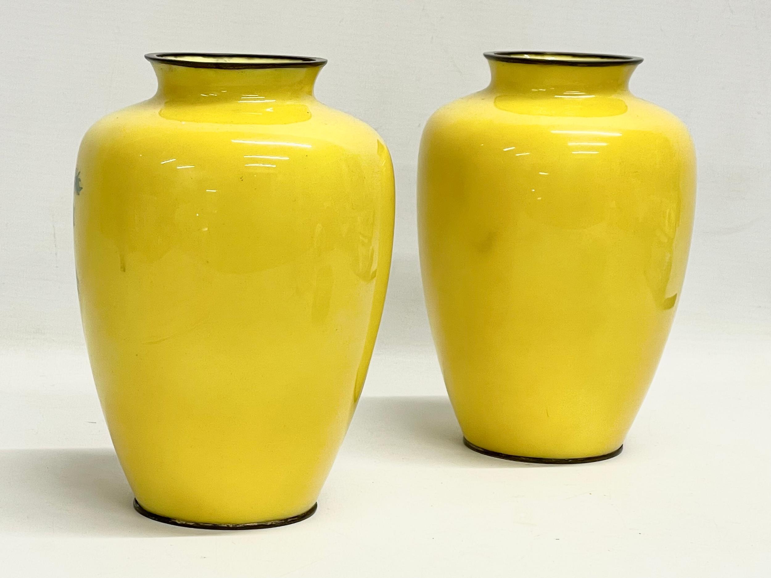 A pair of good quality late 19th century Japanese wireless Cloisonné yellow enamel vases. 13x19cm - Image 4 of 4