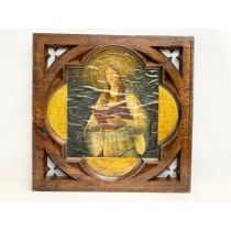 A late 19th century Neo gothic style carved oak panel with print of religious figure. Circa 1880-