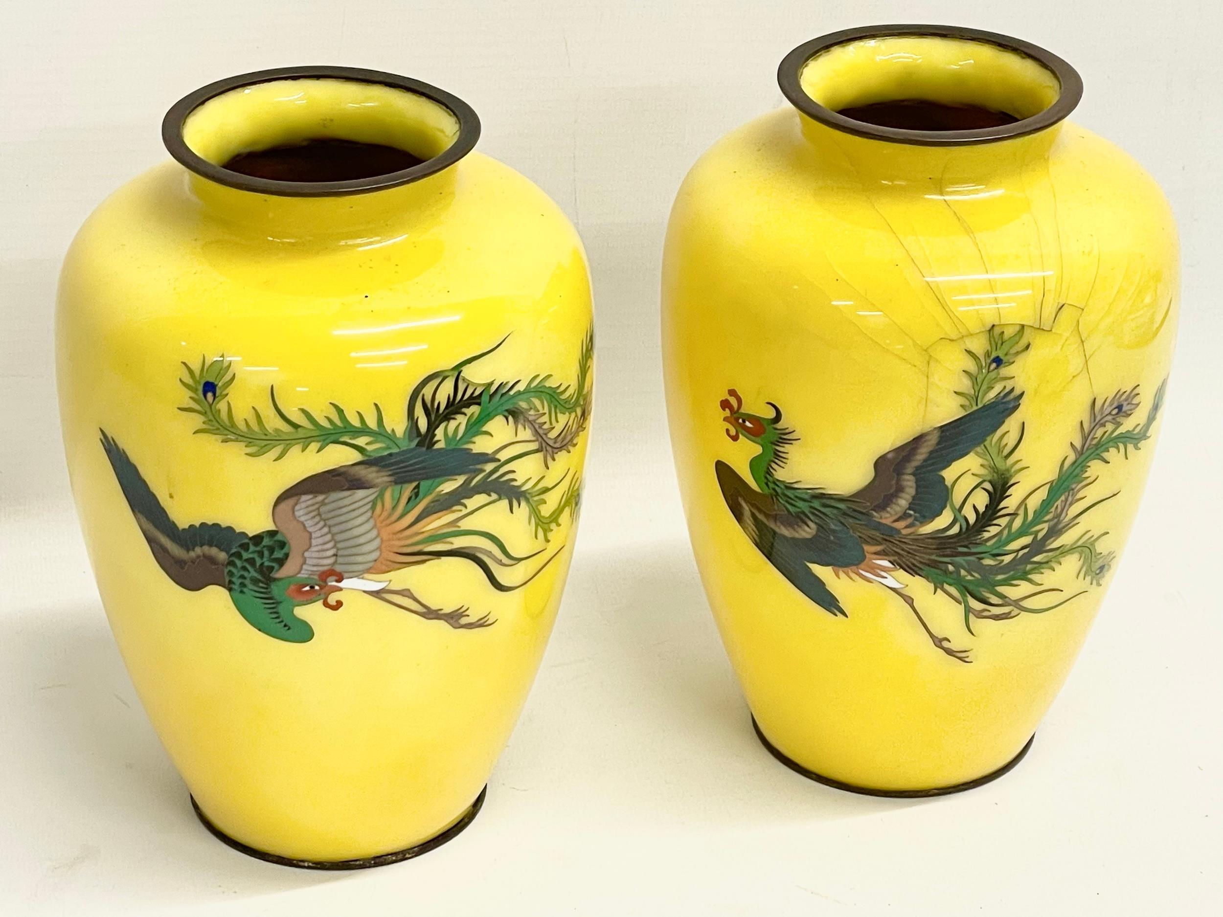 A pair of good quality late 19th century Japanese wireless Cloisonné yellow enamel vases. 13x19cm - Image 2 of 4