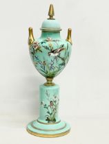 A large 19th century hand painted Harrach Glass urn with lid. 46.5cm