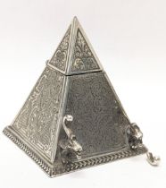 A late 19th century ornate silver plate inkwell and pen holder in the form of a pyramid. James Dixon