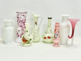 A collection of Victorian glass vases. Some with hand painted decoration. 24cm