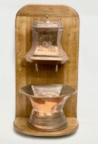 A large 19th century French copper water fountain on oak frame. 54x40x103cm