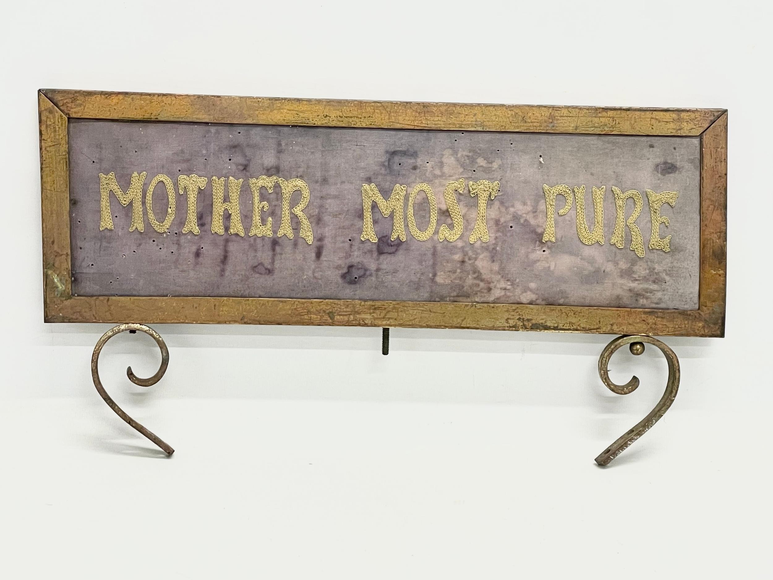 An early 20th century double sided brass framed religious embroidery. Mother Most Pure. 41.5x22cm. - Image 3 of 3