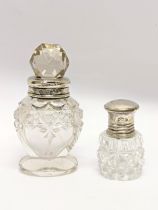 2 ornate glass and silver mounted scent bottles / perfume bottles. 9cm