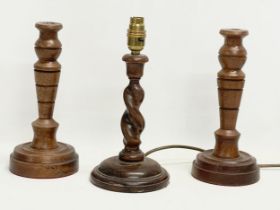 A pair of vintage candlesticks and an oak Barley Twist table lamp. 28cm