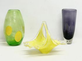 3 large pieces of Art Glass. Green vase 26x33cm. Purple vase 32.5cm. Bowl 36x21x27cm