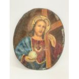 A late 18th/19th century oil painting of Jesus on tin. 10x12cm
