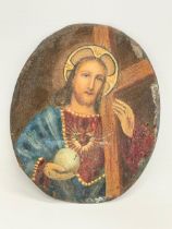 A late 18th/19th century oil painting of Jesus on tin. 10x12cm