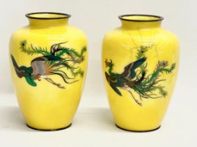 A pair of good quality late 19th century Japanese wireless Cloisonné yellow enamel vases. 13x19cm