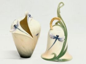 2 pieces of Franz ‘Dragonfly’ porcelain. A vase and bell. Bell measures 16cm