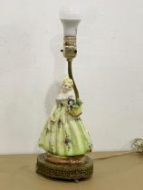 A vintage figurine table lamp on an ornate pierced brass base. 34cm