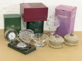 A quantity of Tyrone Crystal and a pair of vintage glass vanity jars 12.5x11cm. Tyrone tea light
