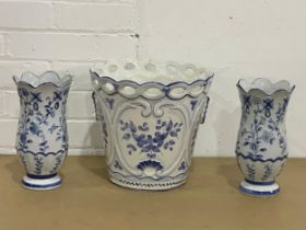 A large Portuguese pottery jardiniere and 2 pottery vases. 29x27cm