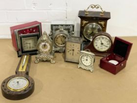 A quantity of vintage mantle clocks and a barometer