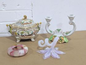 A sundry lot including an ornate pottery tureen, pottery candle holder, etc