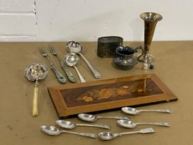 Victorian and early 20th century silver plate and an inlaid wall plaque.