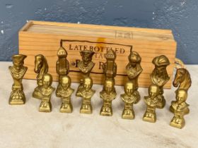 A collection of vintage heavy brass chess pieces. King measures 9.5cm