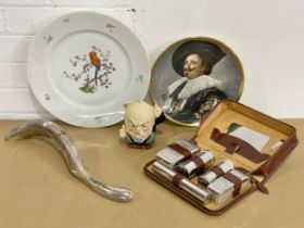 A sundry lot. Vintage vanity set, large Roseuthal plate. Large silver plated crumb brush. Burleigh