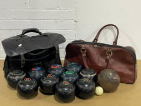 A quantity of vintage boules and 2 bags.