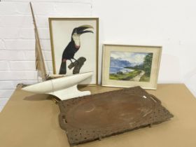 A sundry lot. Including a vintage watercolour of Loch Maree, Scotland. A vintage model yacht. A