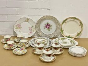 A collection of pottery tea ware. Royal Albert Old Country Roses. Royal Albert Chelsea Bird dish.