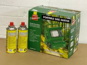 An unused Maxim Outdoor Portable Gas Heater in box with 2 cans of Butane Gas.
