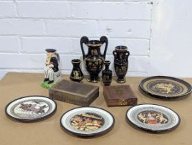 A sundry lot including 3 hand made Greek plates, wooden trinket boxes, etc