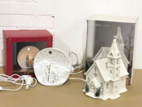 2 Belleek Living Christmas decorations in boxes. Church measures 18x23x31cm