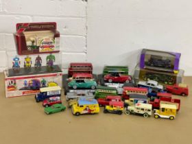 A collection of models cars etc. including a 70 Years of Marvel Comics Collector’s Keyrings.