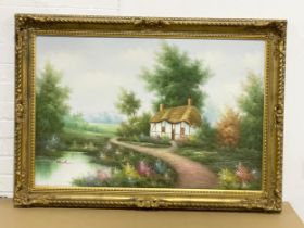 A large signed oil painting in gilt frame. 106x75.5cm