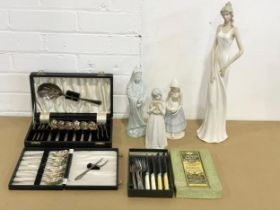 A Walker & Hall silver plated cutlery set with other cutlery and figurines.