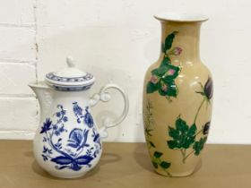 A large coffee pot and a Chinese style vase. Vase 31cm