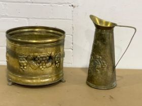 A brass planter and jug.