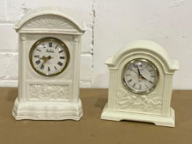 2 Belleek Pottery mantle clocks. Largest 25cm