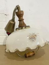 A large vintage light fitting with glass shade. 39x77cm including chain.