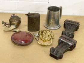 A sundry lot. Vintage oil can, brass knocker, Victor Ferguson Memorial Trophy 1964, 1st Class