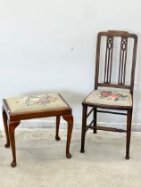 An Edwardian inlaid mahogany side chair with tapestry seat and a vintage stool.