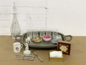 A sundry lot. A Royal Crown Derby dish in box, 5 crystal whiskey tumblers, Victorian pottery and