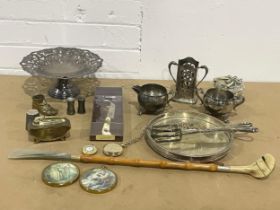 A sundry lot of silver plate etc. Ronson lighter, pocket watches, Royal Albert Old Country Roses