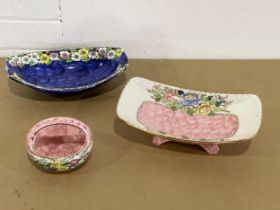 3 pieces of Maling pottery. A Maling ‘Peony Rose’ footed bowl 27x16cm and matching basket. A