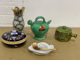 A sundry lot. West German vase, Sylvac soup bowl with lid, ashtray, French pottery oil bottle etc