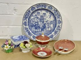 A sundry lot of pottery and 2 silver plates spoons. 3 pieces of Mintons.