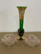 A vintage hand painted Bristol Green Venetian vase and a pair of Art Glass miniature basket bowls.